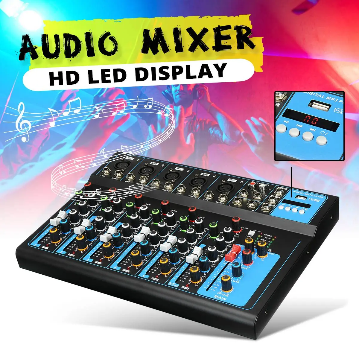Wireless 7 Channel Audio Mixer Portable Sound Mixing Console USB