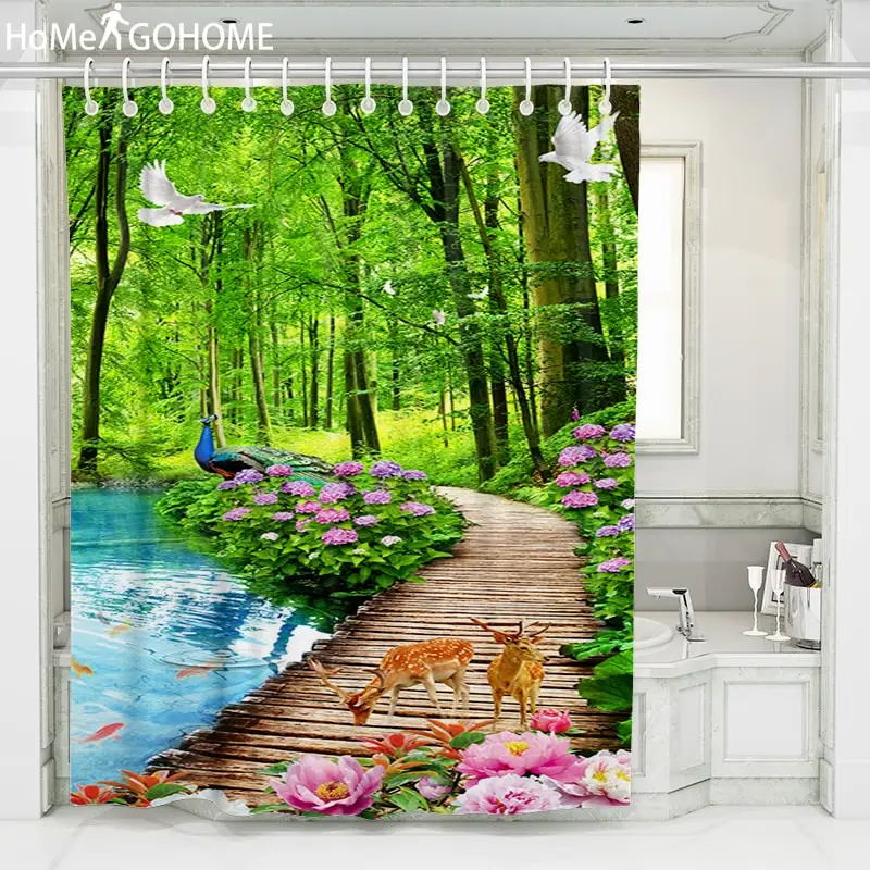 3d Landscape Shower Curtain Flowers Forest Peacock Elk Waterproof Polyester Bathroom Curtain Fabric for Bathtub Bath Screen Art