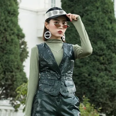 green as photo Женский кожаный жилет в английском стиле, новинка, уличный, простой, на пуговицах, из овчины, короткий рукав, без рукавов, куртка, женская рубашка - Цвет: green as photo