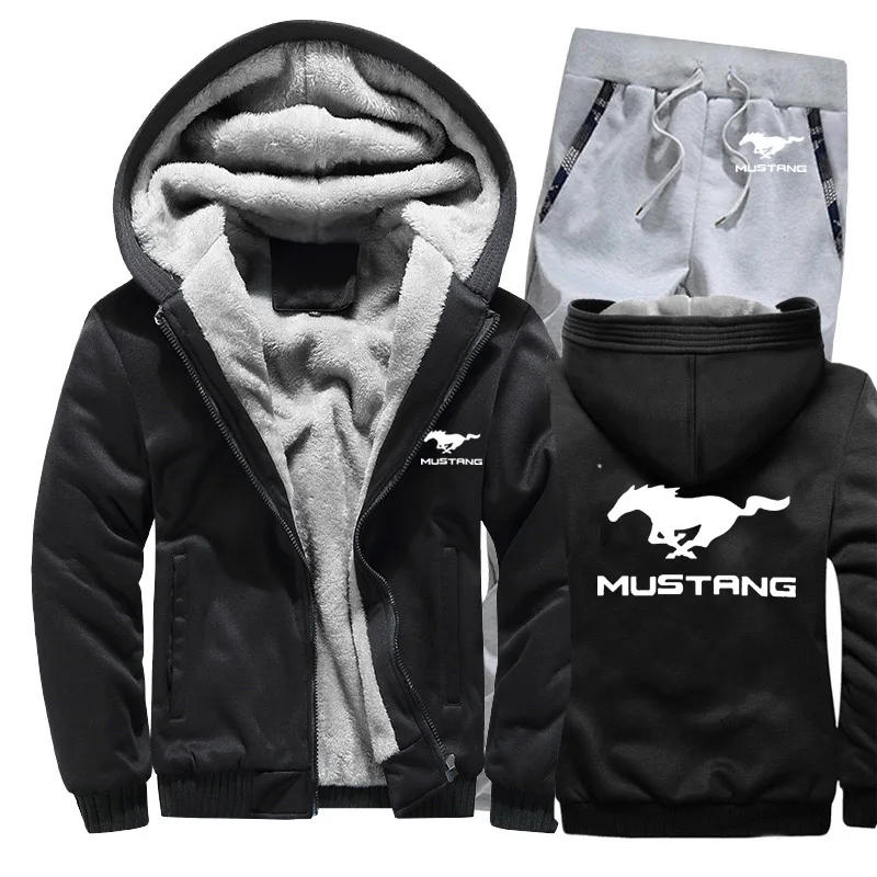 Hoodies Men Mustang Car Logo Mens Hoodies Suit Winter Thicken Warm Fleece cotton Zipper Tracksuit Mens Jacket+Pants 2Pcs Sets - Цвет: 811