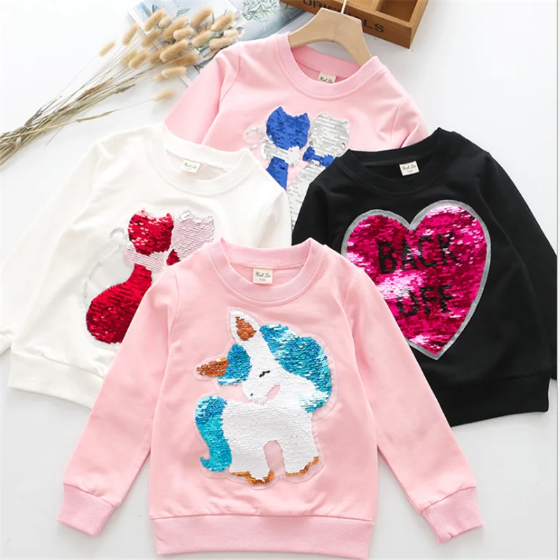 Осенне-зимние свитшоты для девочек толстовки с капюшоном с принтом единорога и длинными рукавами Повседневная хлопковая одежда для малышей Детская верхняя одежда