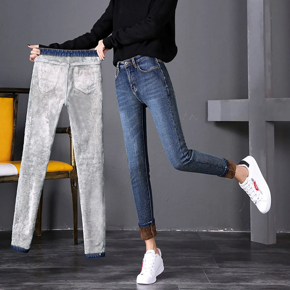 Зимние толстые теплые флисовые джинсы для женщин с высокой талией джинсовые узкие повседневные штаны размера плюс S-5XL винтажные синие корейские модные