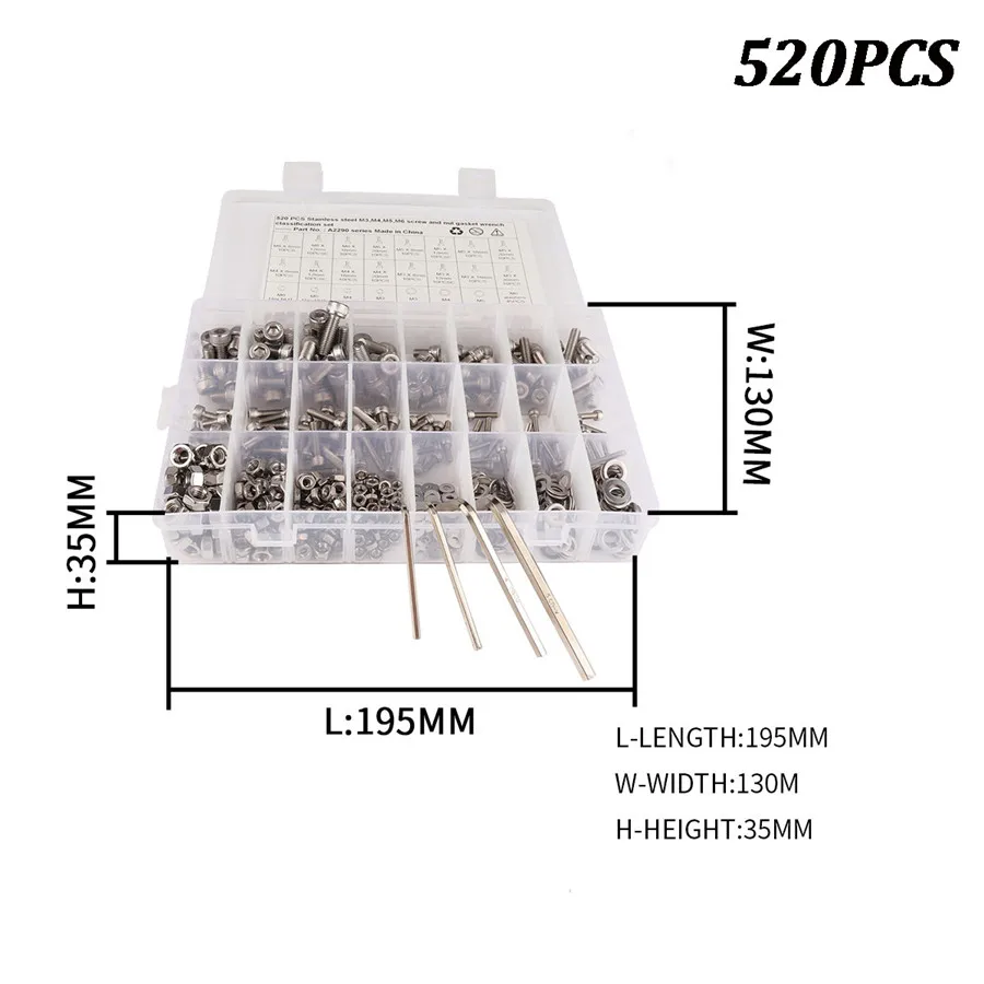 520 шт M3 M4 M5 M6 Шестигранная головка винты со шляпкой ассортимент набор из нержавеющей стали с коробкой для хранения