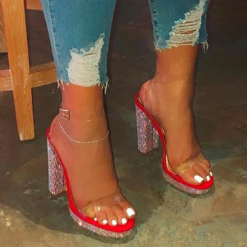 

2020 Women New High-heeled Rhinestone Shoes Women's High-heels Sandals Candy Color Beach Sandals Outdoor Party Wild Slippers