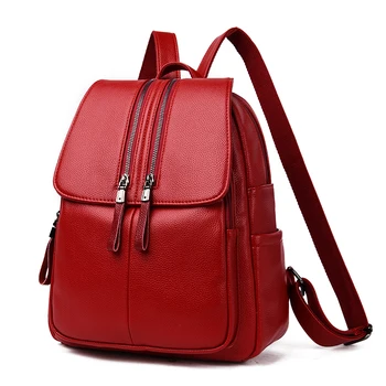

HOT Double Zipper Soft Leather Women Backpack Large Capacity School Bag For Girl Brand Shoulder Bag Lady Bag Travel Backpack