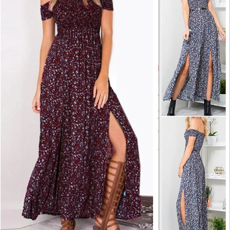 

Women Summer Printed Long Dress Fashion Sexy Side Split Slash Neck Dress 2020 New Arrival 3 Colors
