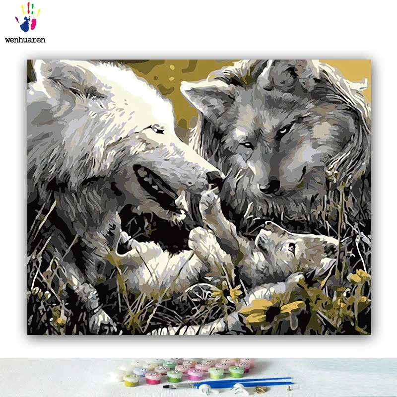 DIY картинки для раскраски по номерам с цветами счастливый волк в лесу картина Рисование Живопись по номерам в рамке дома - Цвет: 5799