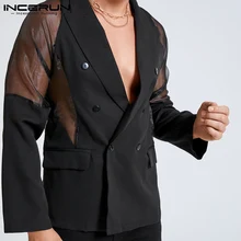 INCERUN – Blazer en maille à manches longues pour homme, Blazer Patchwork, transparent, Double boutonnage, vêtements d'extérieur, Streetwear, décontracté, costumes, 2021 