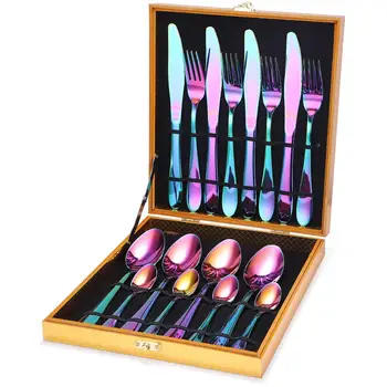 

Brandom Luxury 16pcs stainless steel cutlery set rainbow bulk silverware set with wooden box