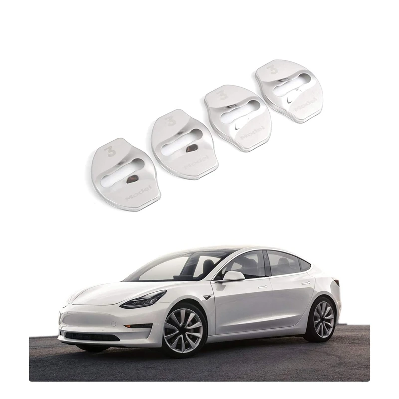 

Model 3 Door Latch Lock Cover Interior Accessories Stainless Steel Cover Pack 4Pcs for Tesla Model 3 2017 2018 2019(Silver)