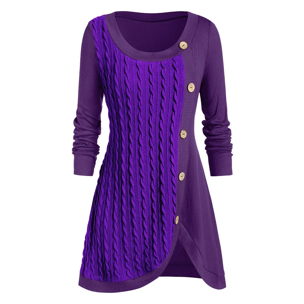 Purple Sagace, женский свитер, топы, плюс размер, для женщин, круглый вырез, длинный рукав, однотонный, с пуговицами, пестрый, ассиметричный, топы, модный весенний пуловер для девушек - Цвет: Purple