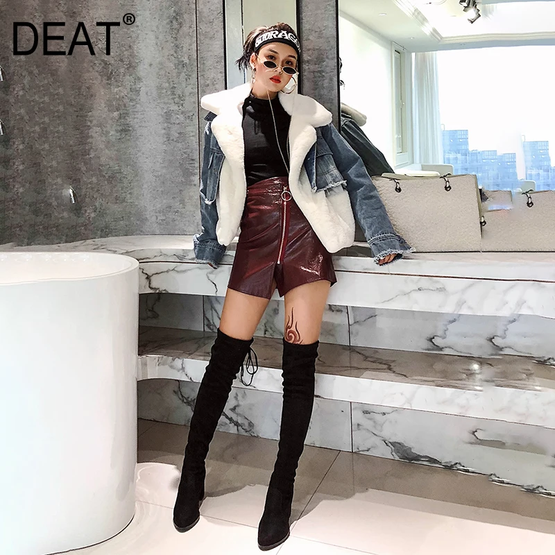 

[DEAT] 2019 winter Women's Fashion Trend New Pattern Moto Wool Liner Rabbit Fur Liner Short Denim Patchwork Coat Jacket AI567