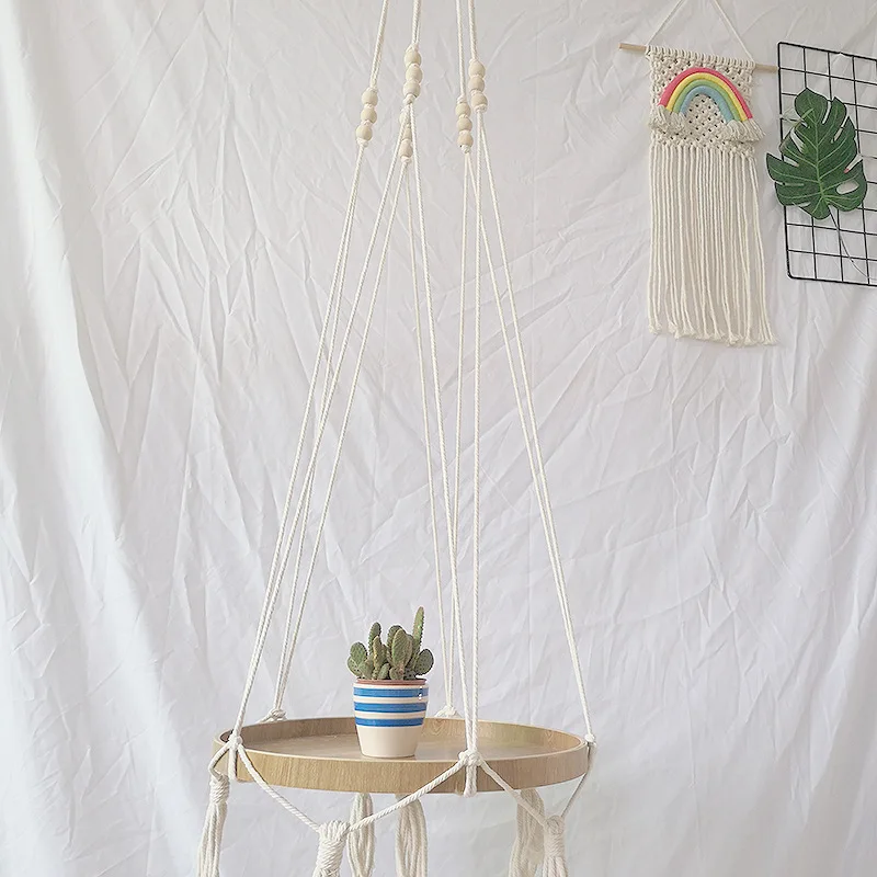 Бохо макраме Подвесная подставка для растений деревянная полка тарелка ручной работы в корейском скандинавском стиле домашний декор для спальни кровать сбоку небольшие вещи Органайзер