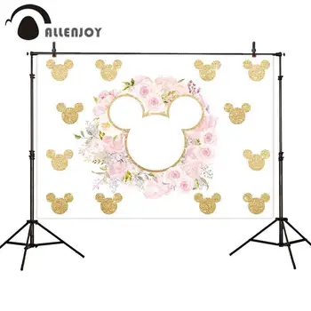 

Allenjoy White Banners Golden Glitter Mouse Head Step And Repeat Flowers Leaves Birthday Party Backdrops Baby Shower Wallpapers