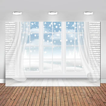 

White Brick Light Wooden Floor Window Interior Winter Landscape Photography Backgrounds Photographic Backdrops for Photo Studio