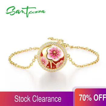 

SANTUZZA Silver Bracelet For Women 925 Sterling Silver Delicate Cherry blossoms Flower Adjustable Fine Jewelry Handmade Enamel