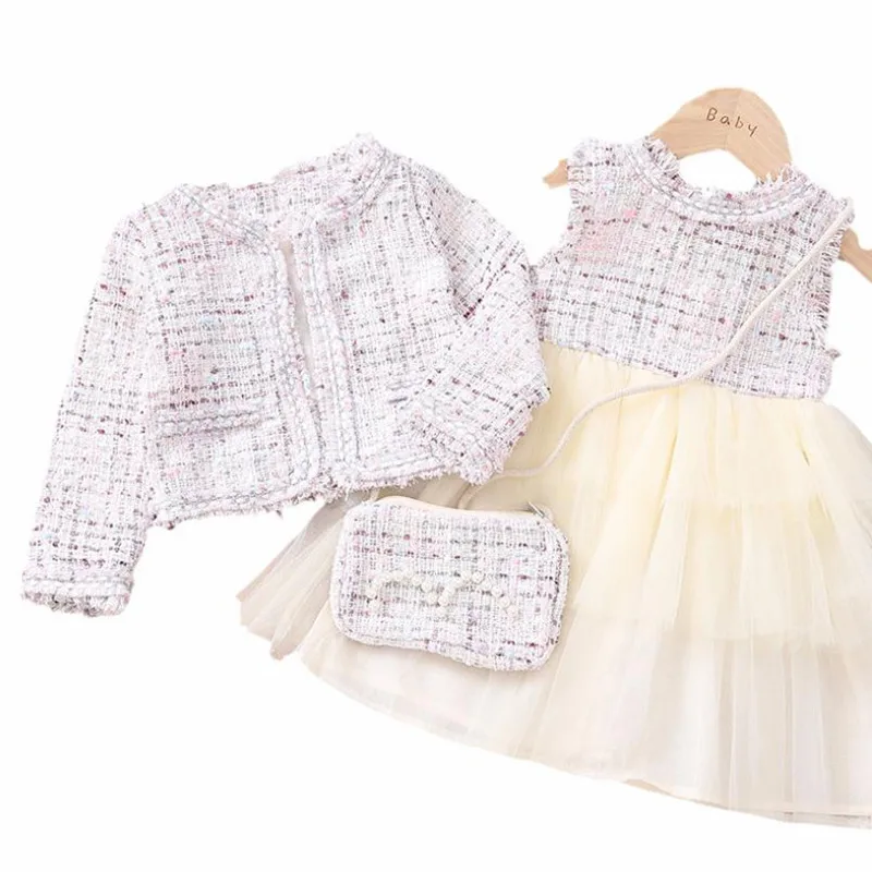

High Quality England Style Toddler Girls Two Piece Outfits Kids Clothing Sets Tweed Cardigan+Vest Dress With Bag Girls Clothes