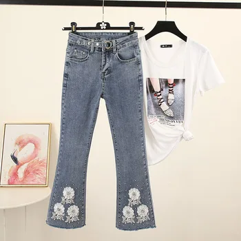 

Cowboy Pants Women's 2020 New Spring Diamond Beads Elasticity High-waist Slimming Flare Trousers Skinny Female Denim Pants