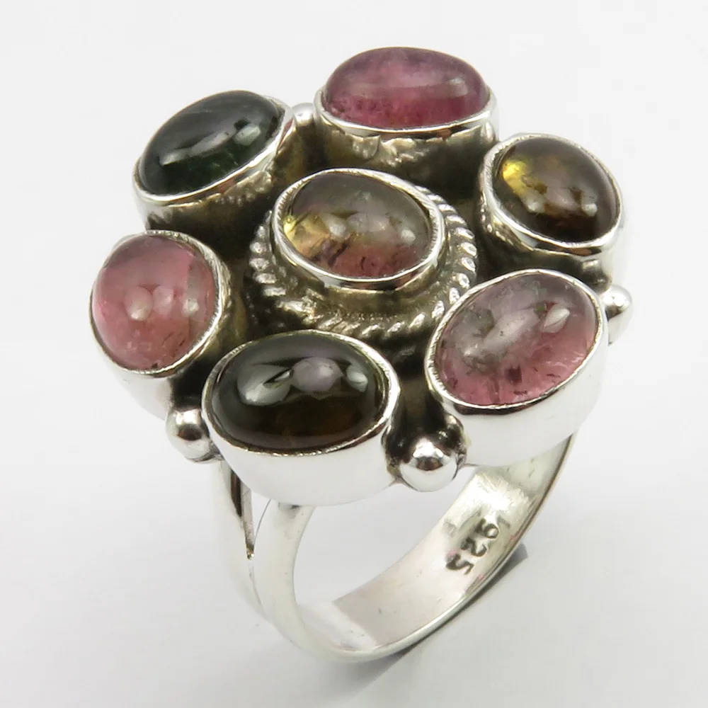 

Solid Silver Mix Color Oval Tourmaline Ring Sz 7.25 22 mm 7.8 Grams New Art