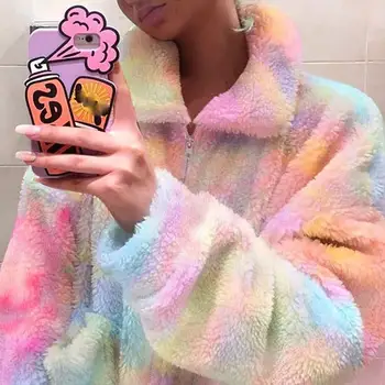 

New Women Colorful Gradient Teddy Warm Coats Casual Overcoat Outerwear Rabbit Fur Coat Female Winter Faux Fur Jackets Plush