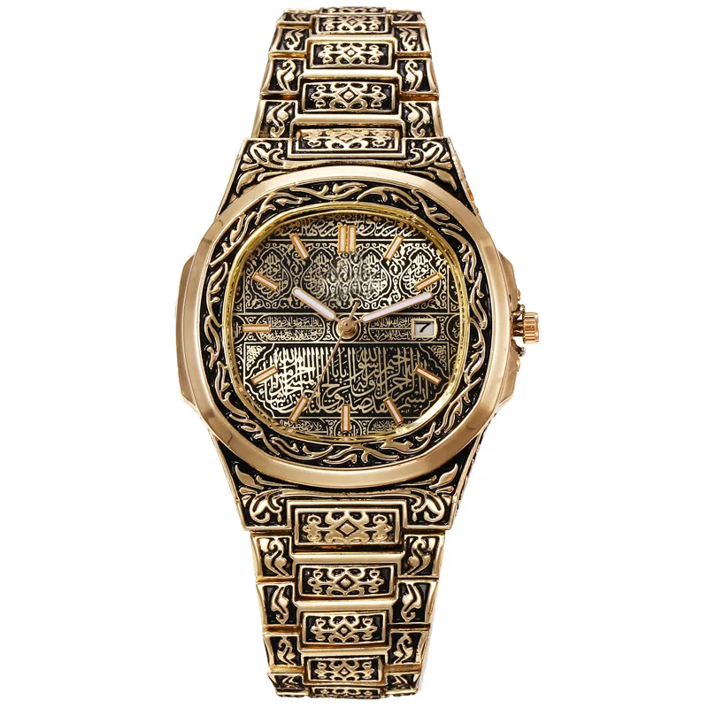 Vintage Relief Steel Men Watch Calendar Quartz Wristwatch With Date Bronze Luxury Designed Male Clock Fashion Watches For Man