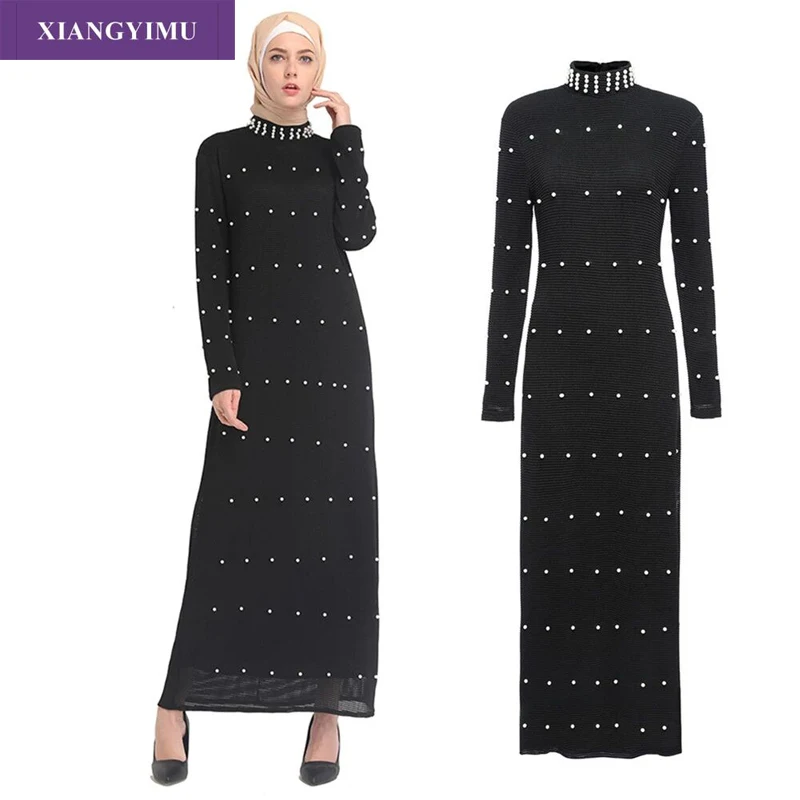 

LR192 Muslim Abaya Loose Cardigan Fashion Lace Patchwork Beading Dress Pearls Long Sleeve Belt Tie Plus Size Dress