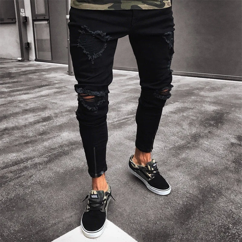 Мужские крутые дизайнерские брендовые черные джинсы, обтягивающие рваные Стрейчевые облегающие штаны в стиле хип-хоп с дырками для мужчин - Цвет: black