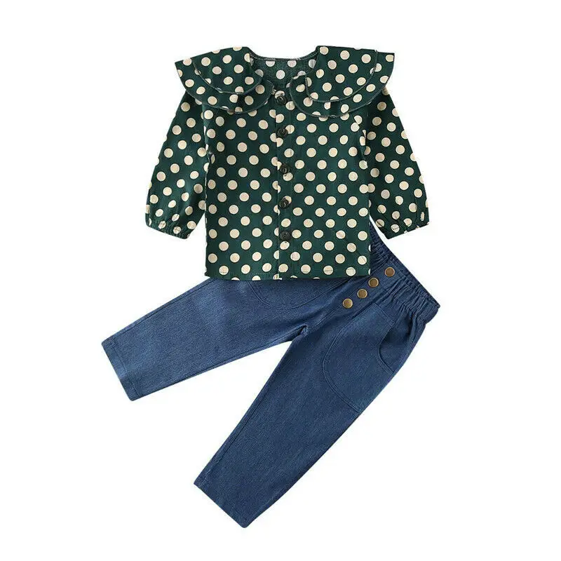 

Kids Toddler Baby Girl Clothes Polka Dots Ruffle Green Tops T-Shirt +Jeans Casual Denim Outfit Set
