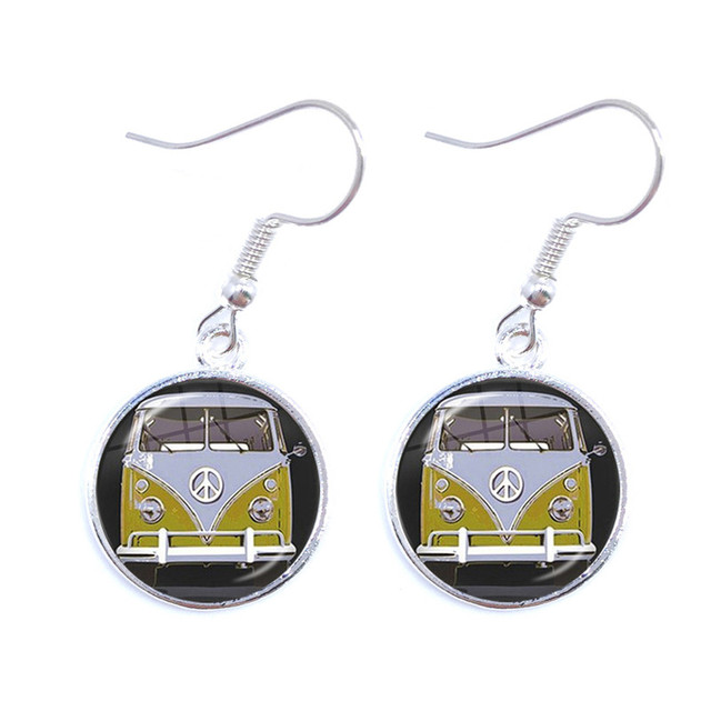 Blue-Red-Yellow Hippie Peace Van Bus Photo Drop Earrings Retro Beach Bus Car Collectors Bus Peace Sign Jewelry For Women