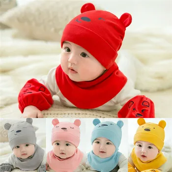 

Newborn Infant 0-18M Cartoon Pom beanie hats Casual Fashion Fall Winter Warm Cotton Cap Scarf Neckerchief Set 2pcs Cute Boy Girl