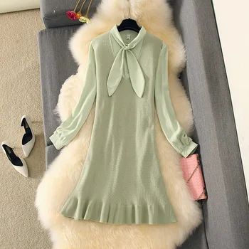 

Fall Winter Clothes Women Outfit Fashion Sweater Dress Two-piece Set Bow Tie Long Sleeve Shirt Fishtail Knitted Dress Vestidos