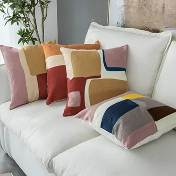 

Home Decor Embroidered Cushion Cover Grey Black green Geometric Canvas Cotton Square Embroidery Pillow Cover 45x45cm Pillow Sham