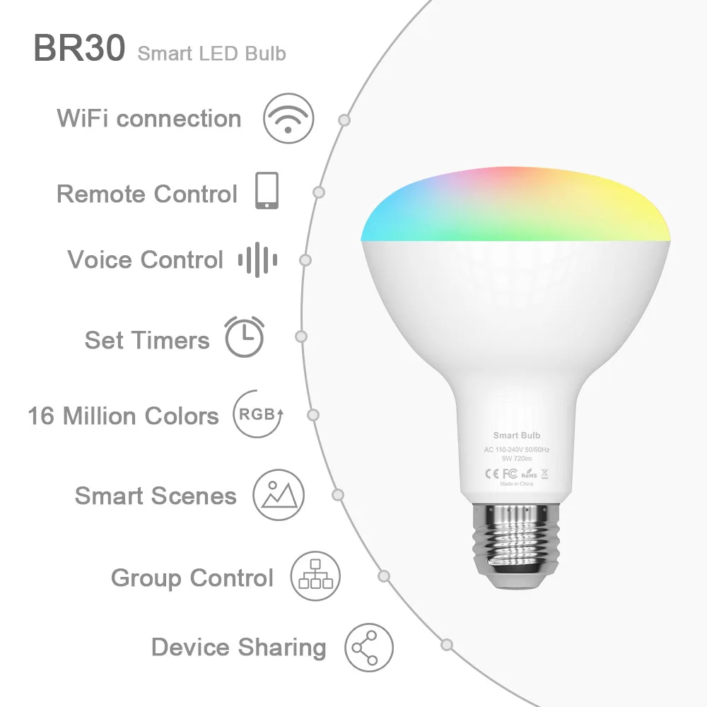 Умный Wifi умный светодиодный светильник Tuya, лампа E27 9 Вт 700Lm RGB+ 2700K+ 6500 K, белый светильник, работает с Alexa Google Home IFTTT