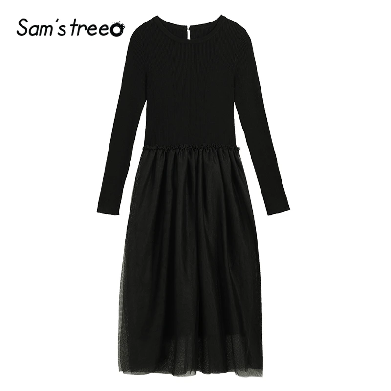 Samstree черное однотонное контрастное Сетчатое минималистичное вязаное платье для женщин осень абрикосовое элегантное офисное платье с длинным рукавом для девушек