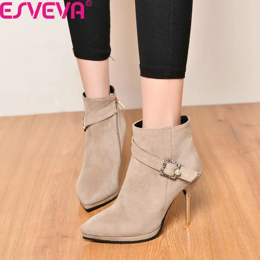 

ESVEVA 2020 Pointed Toe Sexy Thin High Heel Flock Ankle Boots Crystal Buckle Fashion Platform Zipper Women Shoes Size 34-39