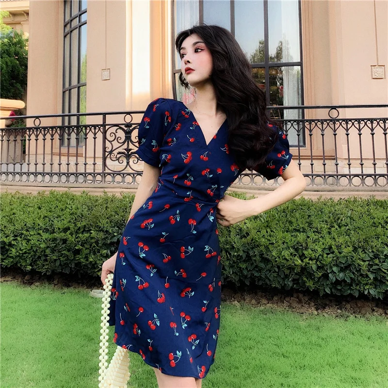 

Figure Photo 2019 Korean-style Fashion Spring And Summer New Style V-neck Cherry Sweet GIRL'S Elegant Slim Dress