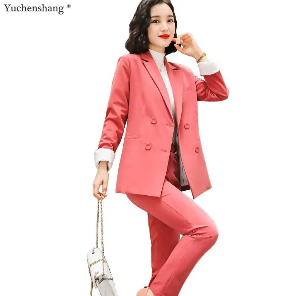 

Casual Solid Women Pant Suits Notched Collar Blazer Jacket & Ankle-Length Pant Autumn Winter 2019 Blue Pink Yellow Suit