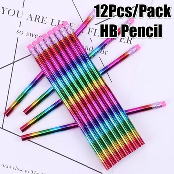 

12 PCS Rainbow Pencil Wood Environmental Protection Pencil Bright Pencil School Office Writing Pencil