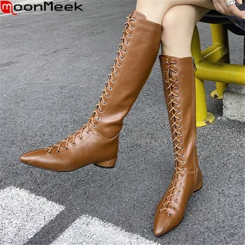 

MoonMeek 2020 Genuine leather boots square heels pointed toe ladies shoes fashion lace up solid color knee high boots