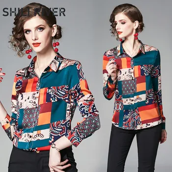 

2020 spring autumn fashion designer tops for women long sleeve blouse slim casual print colorful plaid elegant lapel shirt blue