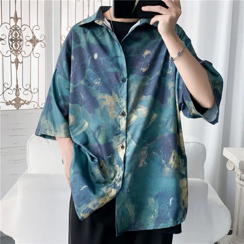 

Men's shirt 2020 summer new slim solid color ice screen printed short sleeve shirt casual casual personality youth men's wear