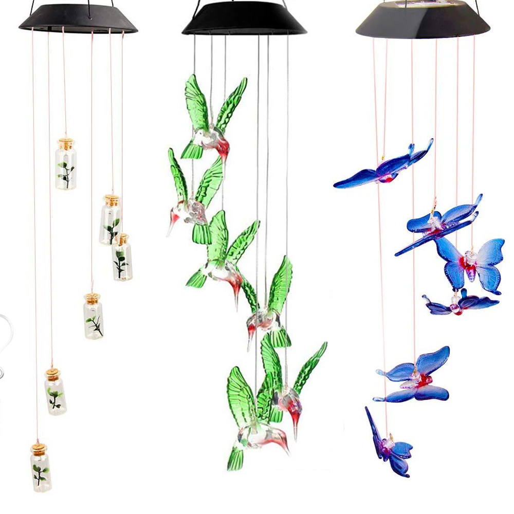 

Solar Powered Wind Chimes Outdoor Hanging Light Hummingbird Butterfly Dragonfly Night Lamp for Home Yard Patio Garden
