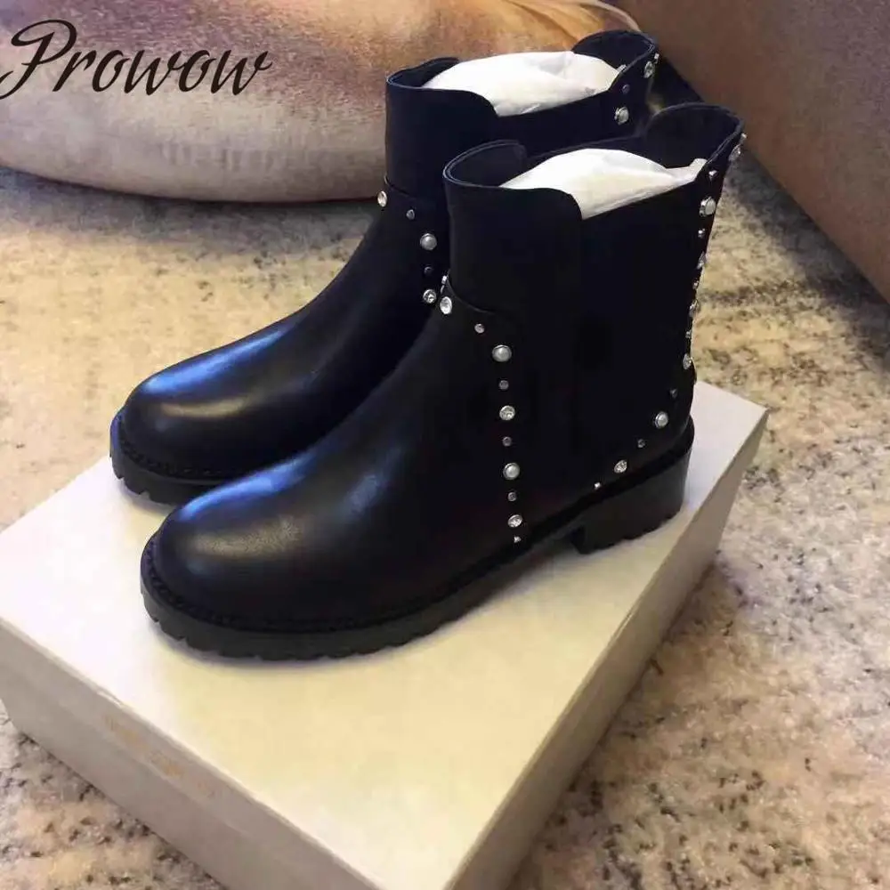 

Prowow New Brand Genuine Leather Metal Studded Ankle Boots Round Toe Slip On Low Heel Autumn Winter Boots Shoes Women