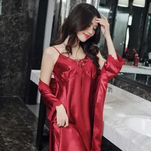 Плюс размер халат и платье комплект сексуальный кружевной Шелковый Атласный мини пижамный комплект три четверти рукав банный комплект женская летняя одежда для сна