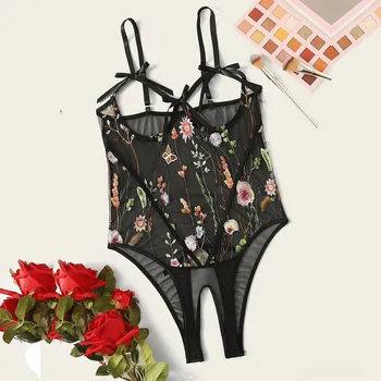 

New Lace Bodysuit Lingerie Women Underwear Embroidery Lace Hollow Out Sleepwear Open Crotch Bow Lingerie Sleeveless Jumpsuit 907
