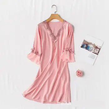 

Dark Pink Women Nightdress Casual Lace Nightgown Homewear Sexy Half Sleeve Nightwear Bathrobe Home Dressing Gown Negligee