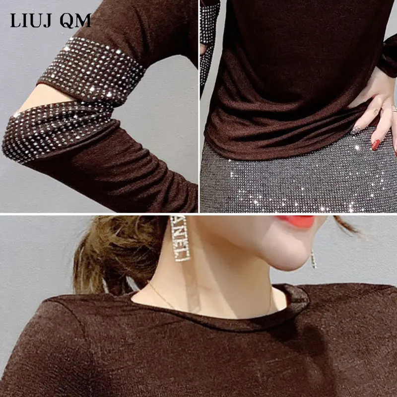 Autumn Fashion Hot Drilling Hole Short Sleeve Tshirts For Women Solid Color All-match Loose Black Feminine Tops 234