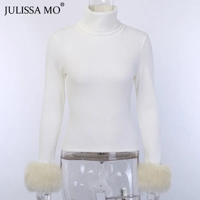 Белый Julissa mo белая трикотажная футболка женская зимняя Водолазка с длинным рукавом Тонкий свитер Уличная Повседневная пуловер футболки - Цвет: Белый