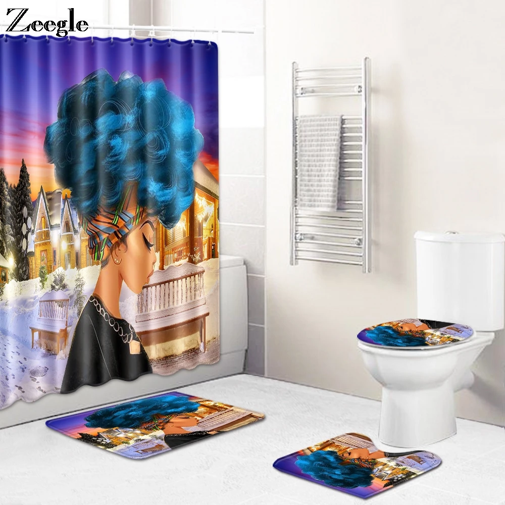 4pcs African American Women Shower Curtain Bath Rug Set Flannel Toilet Cover Seat Mat Anti-slip Bath Shower Mat Bathroom Curtain