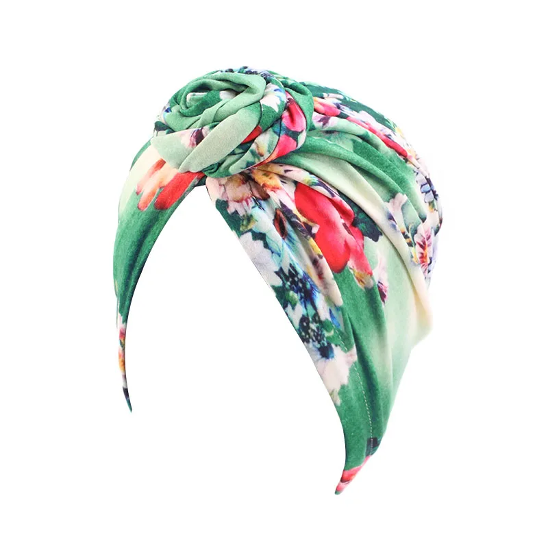 Цветочный принт стиль мусульманский тюрбан Женская мода завязанный головной убор индийская Кепка Леди Свадебная вечеринка шапочка Кепка chemo аксессуары для волос - Цвет: Зеленый
